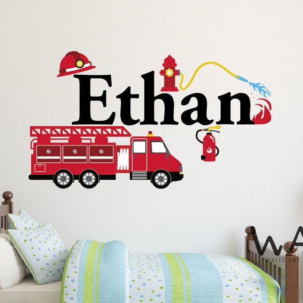 Sticker mural camion de pompier avec nom personnalisé - Sticker mural garçons - Stickers muraux pour chambre d'enfant - Sticker mural en vinyle pour camion de pompier - Sticker mural pour enfants