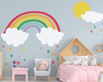 Rainbow Wall Sticker, Kids Wall Decal Art ,Girls Hearts  Sticker For Bedroom Nursery Home Decor, Rain Clouds Hears  Wall Sticker