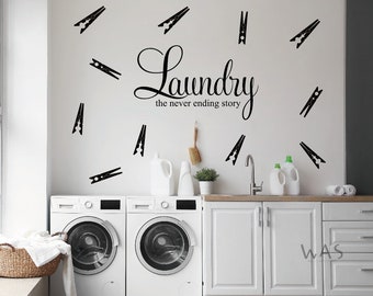 35 Clothespins Laundry Pattern Wall Decals, Laundry The Never Ending Story Decal, Laundry Pins Laundry Room Decal, Washing Room Wall Decor