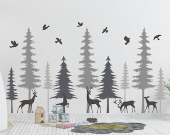 Pine Tree With Deers Wall Decals, Forest Wall Decals,Wild Life Woodland Wall Decals, Kids Wall Decals,Kindergarten Wall Decor