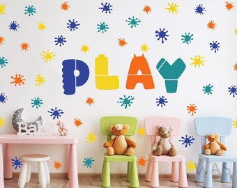 Color Spots Play Sign Decalques de parede Peel and Stick Berçário Decoração pré-escolar, Decorações coloridas para sala de aula em casa Meninos Meninas Quarto Art Party
