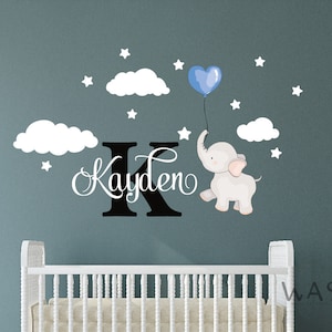 Elephant Wall Stickers With Name Initial For Baby Girl or Boy,Custom Name and Initial with Clouds Stars Nursery Wall Decal for Baby Room