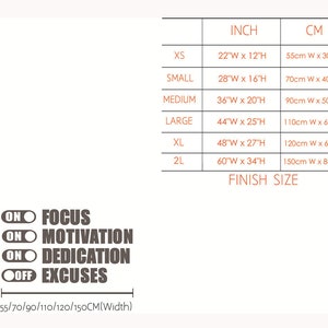 Peut inclure: Un tableau montrant les diff&eacute;rentes tailles d'un autocollant mural de motivation. L'autocollant pr&eacute;sente les mots "Focus", "Motivation", "Dedication" et "Excuses" avec un interrupteur marche/arr&ecirc;t &agrave; c&ocirc;t&eacute; de chaque mot. Le tableau indique la taille en pouces et en centim&egrave;tres.