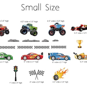 May include: A set of small-sized toy vehicles, including monster trucks, race cars, and a formula one car. The vehicles are arranged on a white background with checkered flags, a traffic light, and a trophy. The dimensions of each vehicle are listed in inches.
