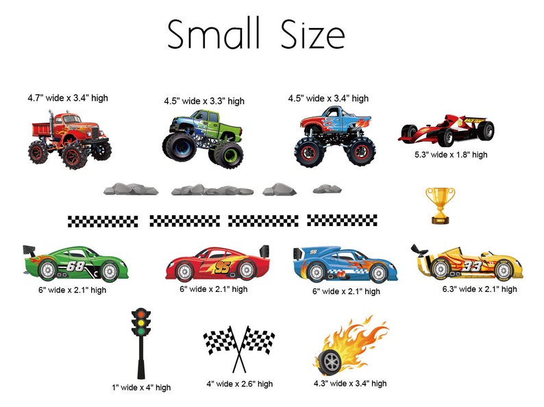 May include: A set of small-sized toy vehicles, including monster trucks, race cars, and a formula one car. The vehicles are arranged on a white background with checkered flags, a traffic light, and a trophy. The dimensions of each vehicle are listed in inches.
