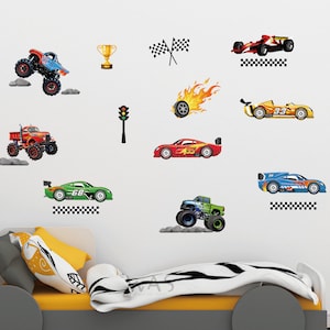 May include: A set of 10 colorful wall decals featuring race cars, monster trucks, and racing flags. The decals are perfect for adding a fun and sporty touch to a child's bedroom or playroom.