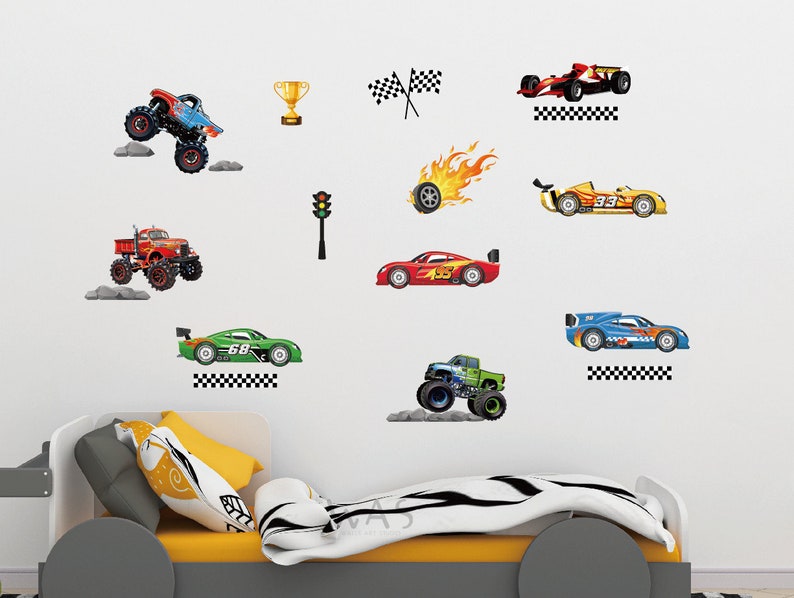 May include: A set of 10 colorful wall decals featuring race cars, monster trucks, and racing flags. The decals are perfect for adding a fun and sporty touch to a child's bedroom or playroom.