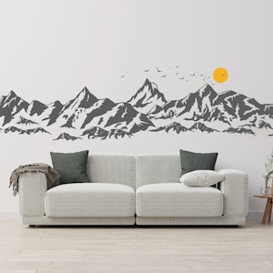 Décalcomanie murale grandes montagnes pour chambre d'enfant, décalcomanies montagnes avec oiseaux du soleil, décalcomanies en vinyle montagnes, décoration murale de chambre à coucher image 2