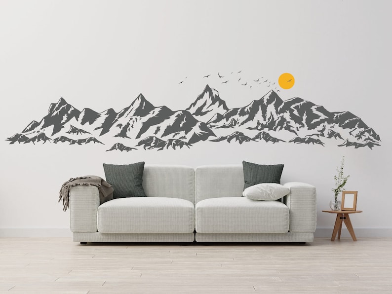 Décalcomanie murale grandes montagnes pour chambre d'enfant, décalcomanies montagnes avec oiseaux du soleil, décalcomanies en vinyle montagnes, décoration murale de chambre à coucher image 2