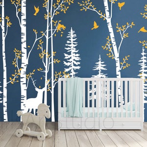 Birch Tree Wall Decal, Deer Forest Vinyl Sticker, Nursery Decor
