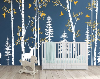 Berkenbomen muur sticker, kwekerij herten bos verwijderbare berken bomen vinyl sticker voor kinderen slaapkamer decor, kinderkamer slaapkamer Peel sticker