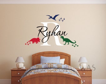 Nursery Boys Name and Initial With Dinosaurs, Personalized Name Wall Decal, Boys Name Decals,Dinosaur Wall Decals,Decals For Boys Wall Decor