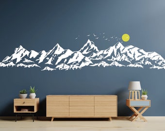 Décalcomanie murale grandes montagnes pour chambre d'enfant, décalcomanies montagnes avec oiseaux du soleil, décalcomanies en vinyle montagnes, décoration murale de chambre à coucher