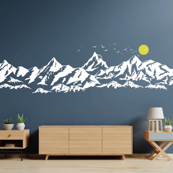 Décalcomanie murale grandes montagnes pour chambre d'enfant, décalcomanies montagnes avec oiseaux du soleil, décalcomanies en vinyle montagnes, décoration murale de chambre à coucher