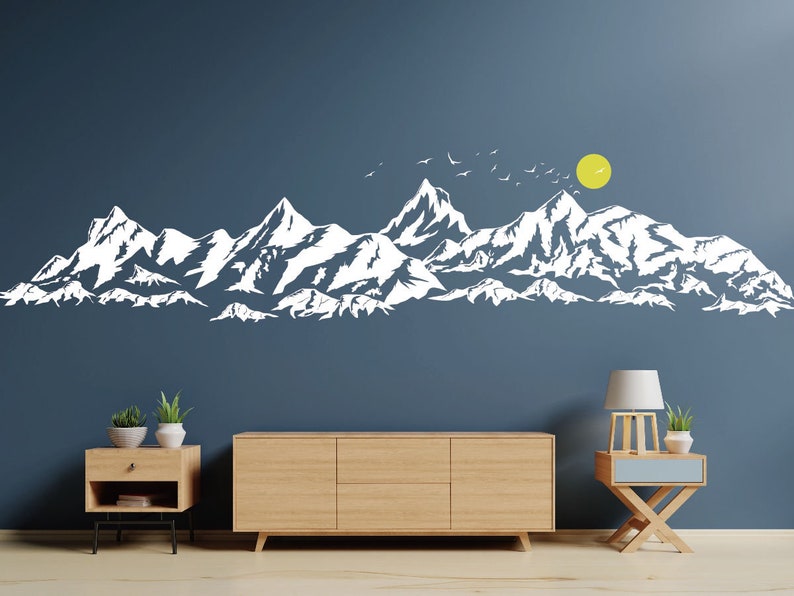 Décalcomanie murale grandes montagnes pour chambre d'enfant, décalcomanies montagnes avec oiseaux du soleil, décalcomanies en vinyle montagnes, décoration murale de chambre à coucher image 1