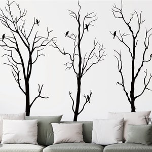 Large Tree Forest with Birds Decals, Winter Black Tree Wall Decals, Black Tree Branches Sticker,Living Room Bedroom Removable Vinyl Stickers