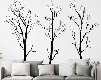 Large Tree Forest with Birds Decals, Winter Black Tree Wall Decals, Black Tree Branches Sticker,Living Room Bedroom Removable Vinyl Stickers