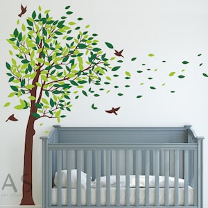 Flying Leaves Wall Decals, Large Tree Wall Decals, Nursery Blowing Tree Stickers with Birds, Green Tree Wall Art Mural Vinyl Wall Decor