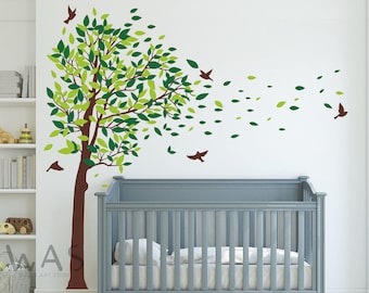 Fliegende Blätter Wandtattoo, Große Baum Wandtattoos, Kinderzimmer Blowing Baum Aufkleber mit Vögeln, Grüner Baum Wand Kunst Wandbild Vinyl Wand Dekor