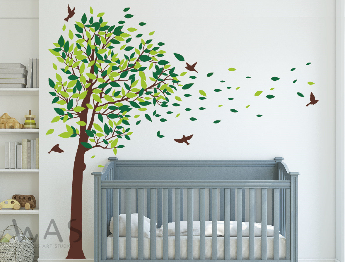 Flying Leaves Wall Decals, Large Tree Wall Decals, Nursery Blowing Tree ...
