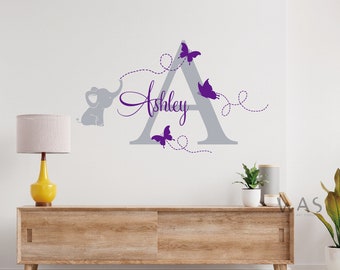 Elephant Decal -Custom Names With Baby Elephant Decal -Elephant Nursery Wall Decal -Elephant With Butterfly Decal -Kids Room Decor