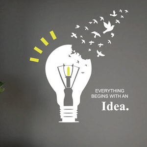 Styl żarówki z cytatami Wszystko zaczyna się od pomysłu Naklejka ścienna Cytaty edukacyjne Naklejka ścienna Cytaty inspirowane biurem Naklejka