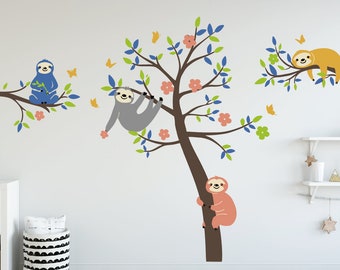 Large Tree and Sloth Wall Decals Kids Wall Stickers Baby Nursery Childrens Bedroom Wall Decor 3 Sloth Wall Stickers, Cute Sloth With Branch