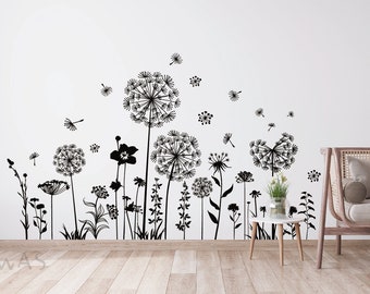 Black Dandelion Wall Stickers Flower Wall Decals Removable Flying Large Dandelion Vinyl Wall Art Murals for Bedroom Living Room Wall Decor