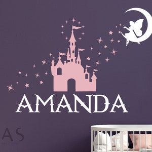 Personalized Girl Name With Moon Fairy Wall Decal Princess Nursery Wall Decal, Girls Name With Castle With Shooting Stars Decal Vinyl Decal