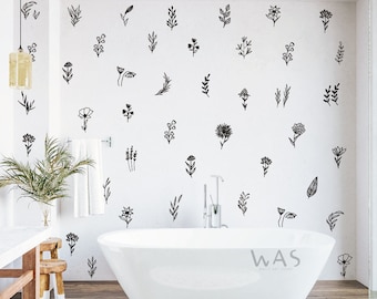 52pcs Floral Botanical Boho Wall Decals, Wildflower Wall Stickers Flower Silhouette Wall Decals Decoration, Boho Bedroom Flower Wall Art