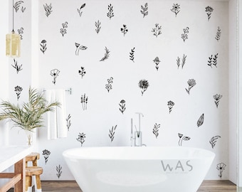 52 stuks bloemen botanische Boho muur stickers, Wildflower muur stickers bloem silhouet muur stickers decoratie, Boho slaapkamer bloem kunst aan de muur