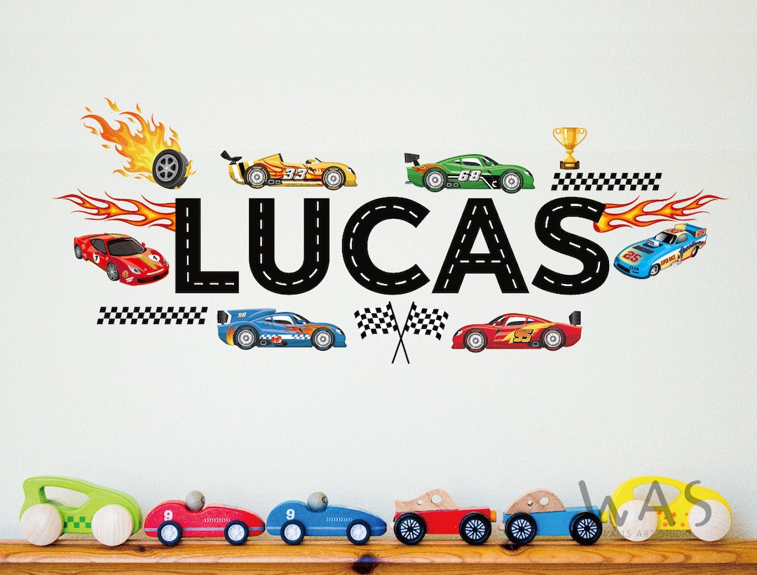 Personalized Racing Car Wall Decal With Custom Name - Oracal Vinyl, Easy Apply, Removable, For Kids Room Decor