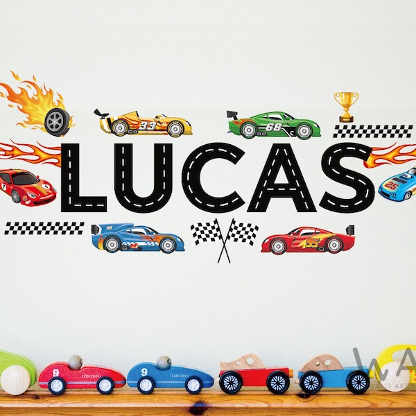 Calcomanía de pared de coches de carreras para habitación de niño - Decoración de dormitorio con nombre personalizado - Decoración de habitación con temática de coches - Calcomanía de coche de carreras - Calcomanía de coche de carreras para habitación de niño