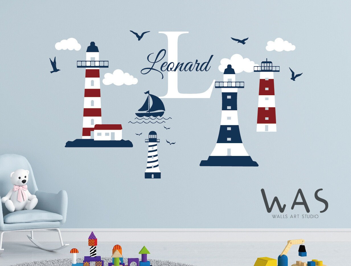 Nautical Themed Wall Stickerscustom Name With Lighthouse Wall Etsy