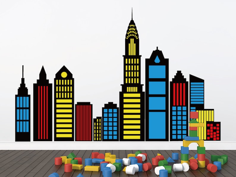 May include: Black and yellow cityscape wall decal with a variety of building shapes and sizes. The decal is perfect for adding a modern touch to any room.