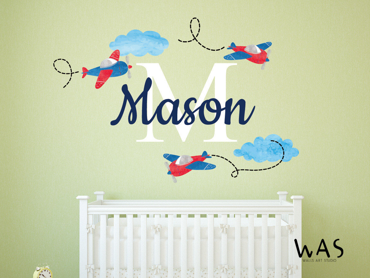 Airplane Name Wall Decal for Boys, Personalized Wall Decal Plane Decor ...