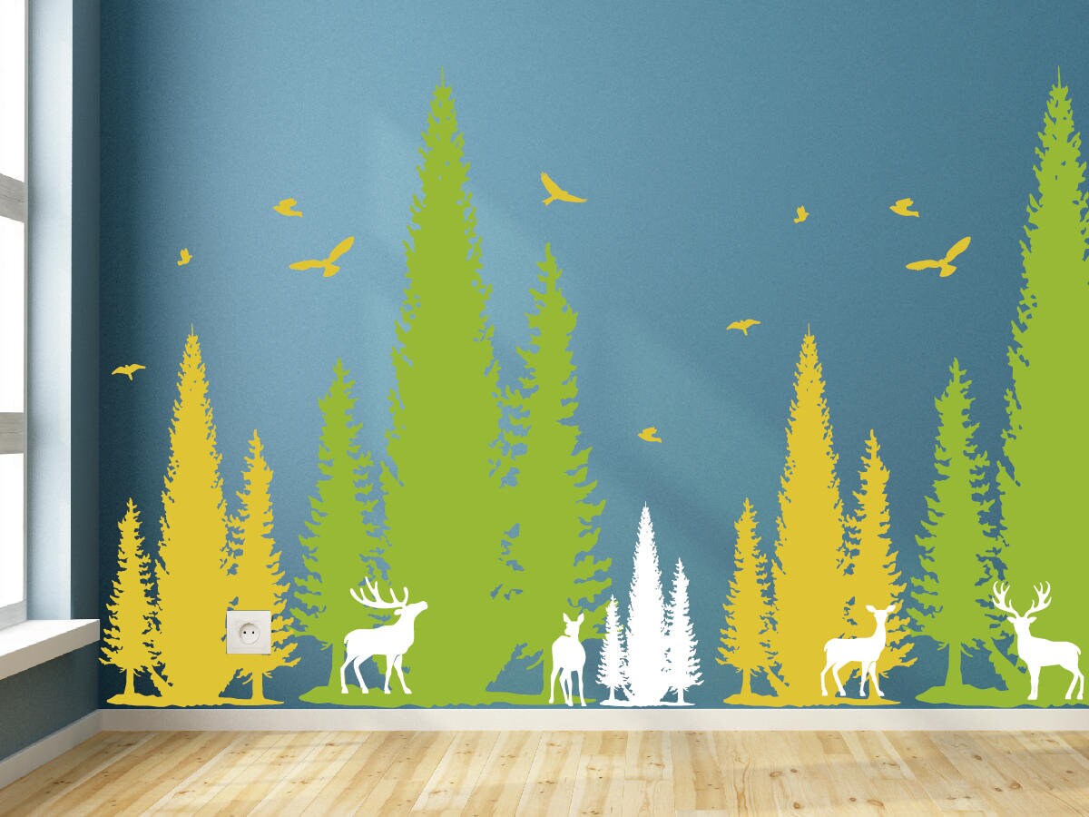 Pine Tree With Deers Wall Decal Forest Tree Wall Decal , Large Trees ...