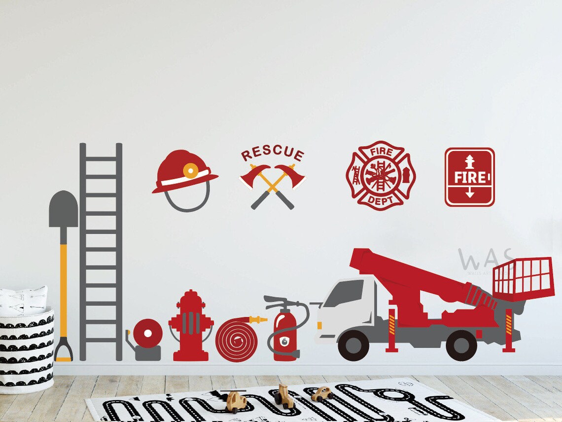 Mount Rescue Wall Sticker Firefighter Station Rescue Team-firetruck & Fireman Theme DIY Wall ...