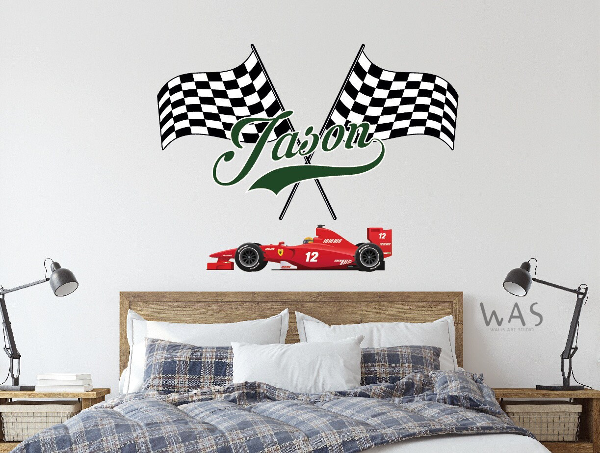 Room Racing Flags Personalized Race Car Flags Wall Decal, Boy Nursery Racing Checkered ...