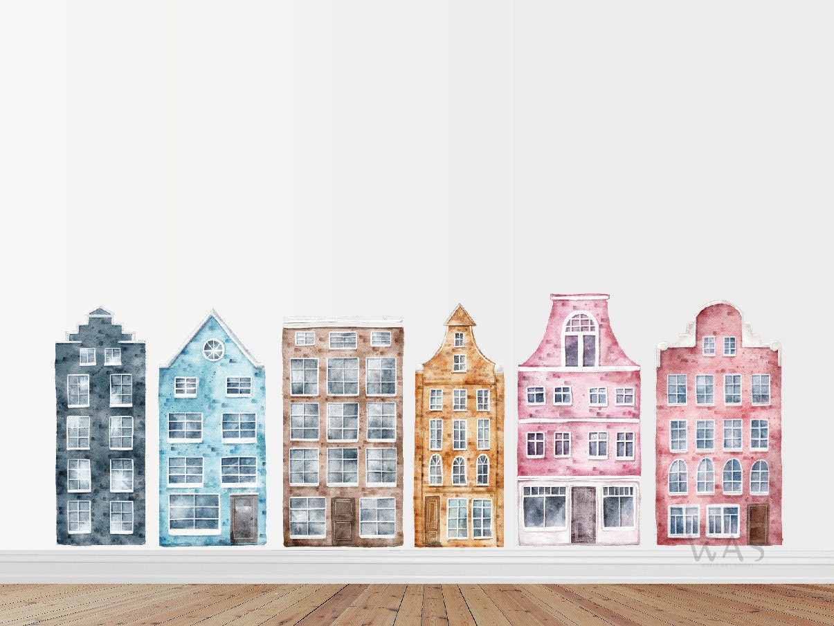 Watercolor European Building Wall Decal,Vintage Building Wall Art,Europe Architectural Wall Stickers For Nursery kindergarten Playroom Wall
