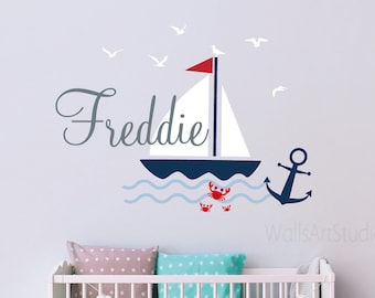 Boy Name Wall Decal, Sailboat With Anchor Wall Decal,Nautical Name Decal, Boys Room Decor,  Nursery Decor Boy's Room Wall Art