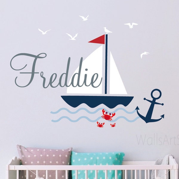 Boy Name Wall Decal, Sailboat With Anchor Wall Decal,Nautical Name Decal, Boys Room Decor,  Nursery Decor Boy's Room Wall Art