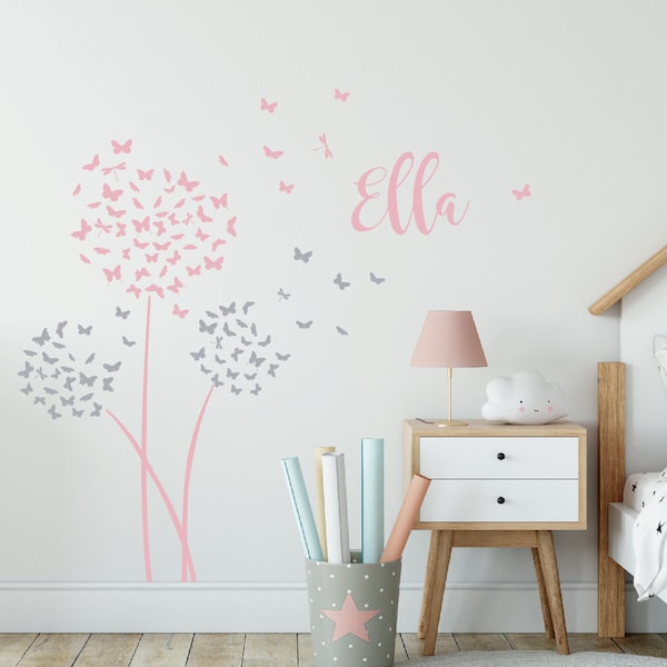 Dandelion Butterflies Wall Decal Dandelion Butterflies Ball With Personalized Name  Wall Decal  Dandelion Sticker For Girl's Room Wall