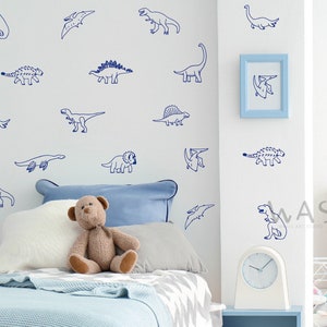 24 Doodled Minimalist Dinosaur Decals, Dinosaur Wall Decor,Removable Dinosaurs,Boys Room Dinosaur Wall Stickers, T-Rex Dinosaur Kids Decor