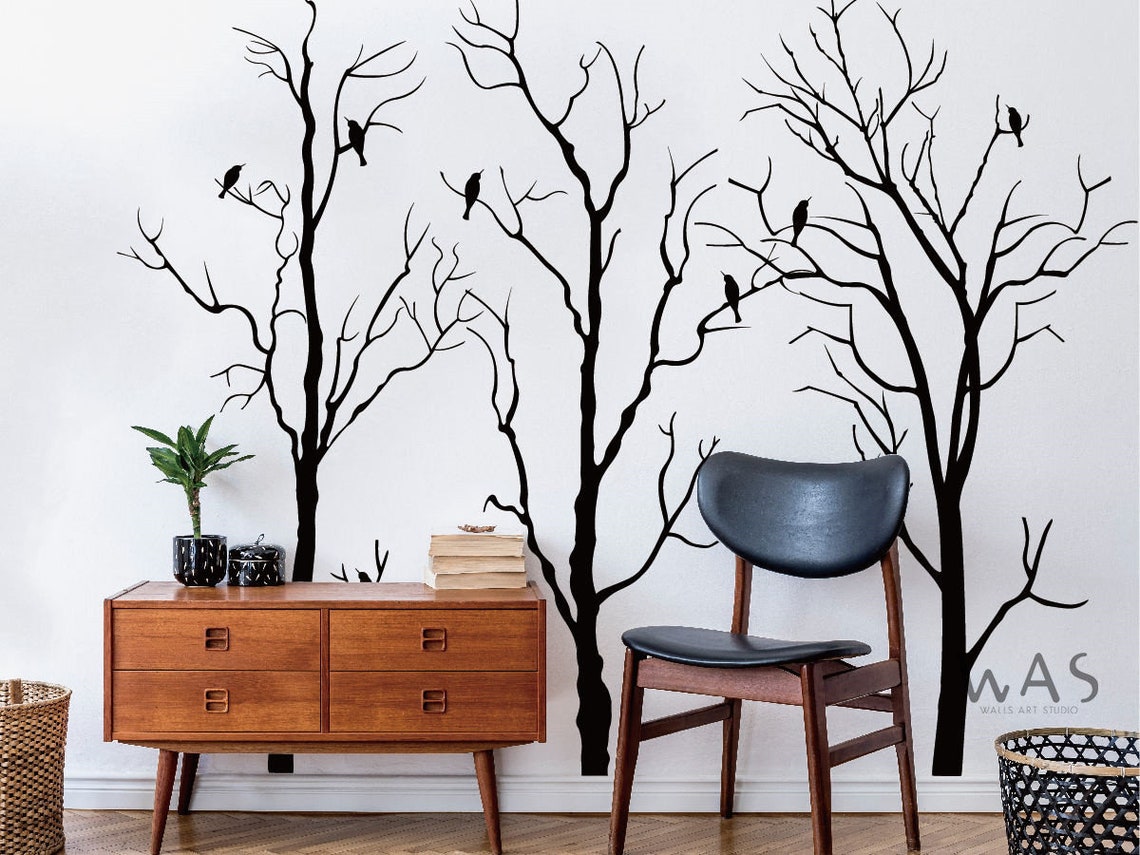 Large Tree Forest With Birds Decals, Winter Black Tree Wall Decals ...