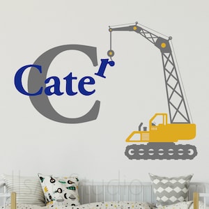 Crane With Name Decal, Construction Trucks Decals  , Boys Room Wall Decor , Personalized Name  With Crane Trucks Wall Stickers