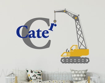 Crane With Name Decal, Construction Trucks Decals  , Boys Room Wall Decor , Personalized Name  With Crane Trucks Wall Stickers