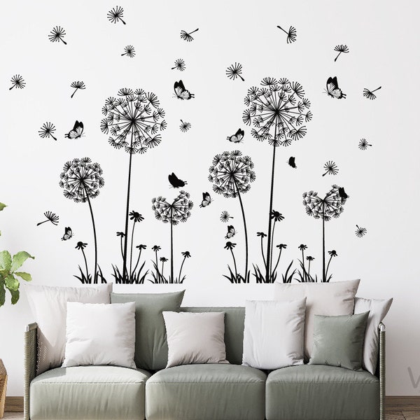 Stickers muraux pissenlits, fleurs, stickers muraux, papillons, décoration murale chambre, stickers floraux, amovibles, art mural, chambre, décoration murale