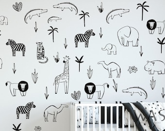 48pcs Black Safari Jungle Animal Wall Vinyl Decal Nursery Decor, Adhesive Animals Sticker for Kids,Lion,Elephant, Zebra, Giraffe Wall Decals