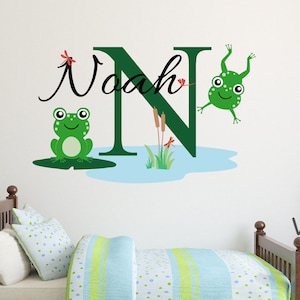 Personlized Monogram Name With Cute Frog Decals Wall Stickers Jumping Frogs with Dragonflies ,Frogs Sticker Set Individual Peel and Stick